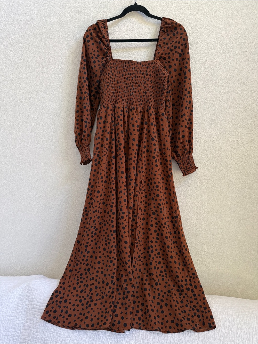 O.P.T Brown Polka Dot Midi Dress Size S Smocked Square Neck Boho